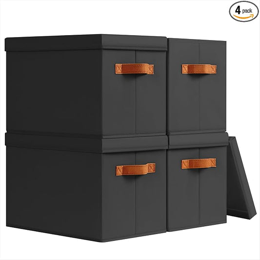 Homsorout Storage Bins with Lids - Fabric Storage Baskets for Shelves, 4 Pack Foldable Decorative Boxes with Handles, Stackable Organizer Bins for Home, Nursery, Dorm, Black