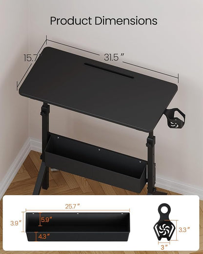 ErGear Mobile Standing Desk with Wheels, Adjustable Height 28.3″ to 46.1″, Rolling Laptop Cart with Cup Holder, Storage Basket, Computer & Pen Slot, Home Office Stand Up Desk, Black (31.5″ x 15.75″)