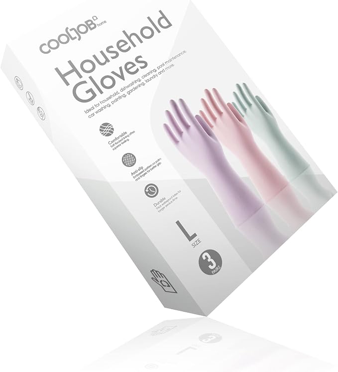 COOLJOB 3 Pairs Colorful Household Gloves with Cotton Liner & Non-slip Grip, Water Resistant Reusable Dish Washing Rubber Gloves for Kitchen & Bathroom Cleaning, Large