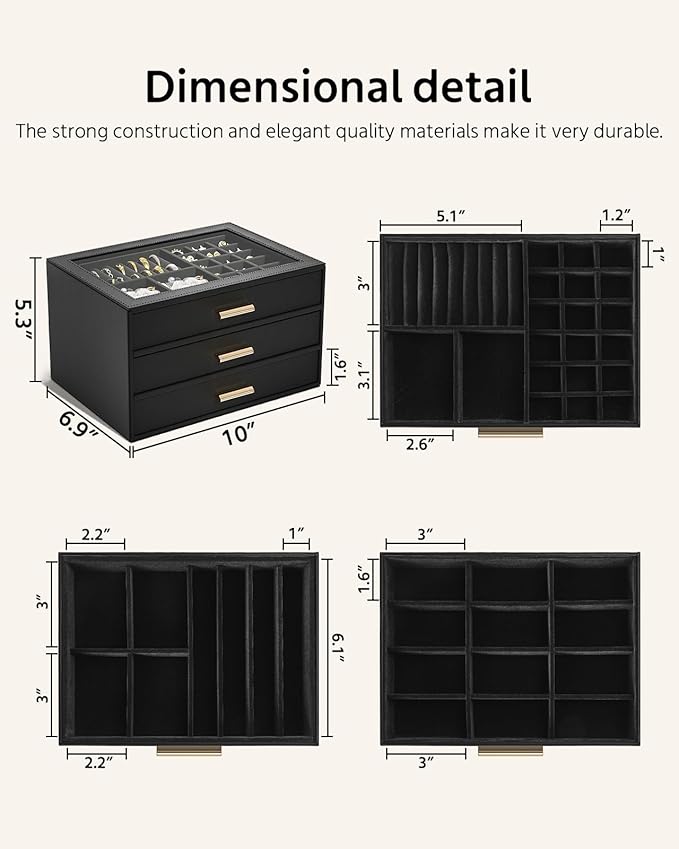 AKOZLIN Jewelry Box with Clear Lid Functional Leather Jewelry Storage Organizer Case 3 Drawers for Women Girls Necklace Ring Bracelet Earring