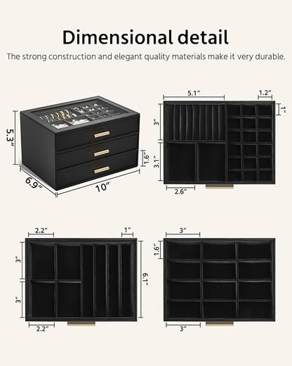 AKOZLIN Jewelry Box with Clear Lid Functional Leather Jewelry Storage Organizer Case 3 Drawers for Women Girls Necklace Ring Bracelet Earring