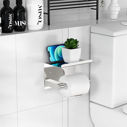 Chrome Toilet Paper Holder Wall Mount, Fits Mega Rolls Size Sliver Toilet Paper Holder with Shelf, Rustproof Stainless Steel Toilet Roll Holder, Self Adhesive Toilet Paper Holders Chrome