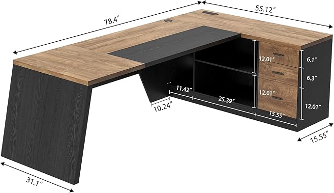L-Shaped Executive Desk with Drawer, Large Modern Home Office Desk with Cord Hold and Power Outlet, Big Wooden Business Furniture with Lateral File Cabinet for CEO Boss, Oak Black