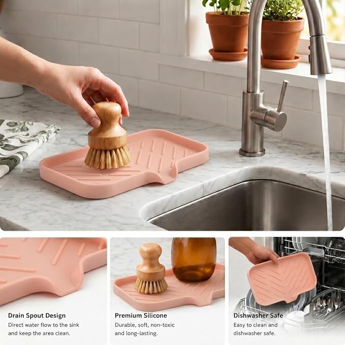 MicoYang Silicone Soap Dish with Drain Spout — Self-Draining Sink Organizer Tray for Bathroom & Kitchen, Sponges, Dispensers & Soap Holder, Non-Slip & Dishwasher Safe, Pink (Medium, 9.6"×5.3")