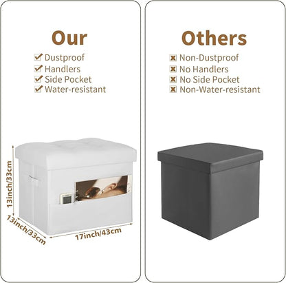 BelugaHelper Ottoman with Storage. Leather Foldable Ottomans with Thick Foam Padded Seat. Foot Rest Stool Storage for Living Room and Bedroom. Side Pockets and Handles Designed. 17x13x13in, White