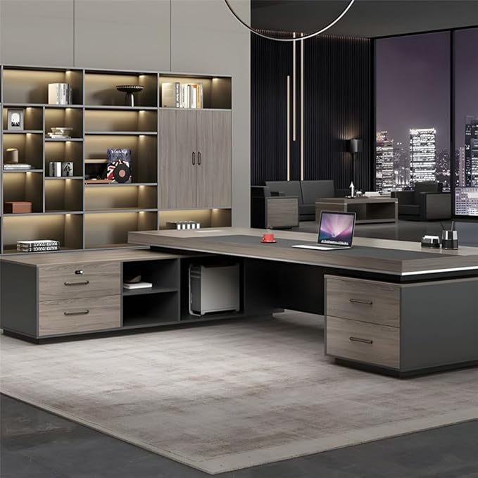NIUYAO L-Shape Executive Computer Desk with 2-Drawers Modern Writing Table Storage Shelves Work PC Table Home Office Study Desk Without Chair -79" L x 63" W x 30" H