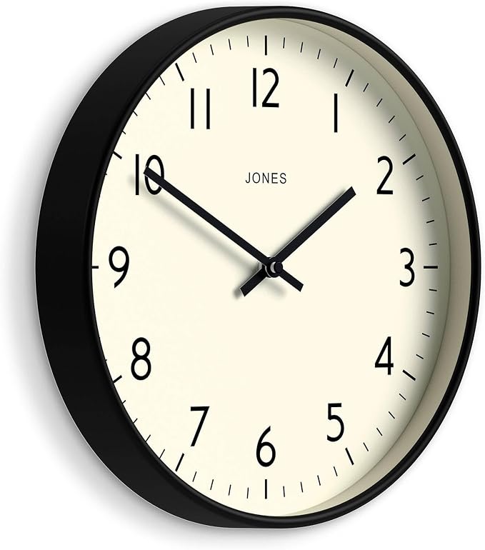 JONES CLOCKS® Studio wall Clock | Modern Round Style | 12 inch | Black | Easy to Read Numbers | Versatile Design for Kitchen, Living Room or Office