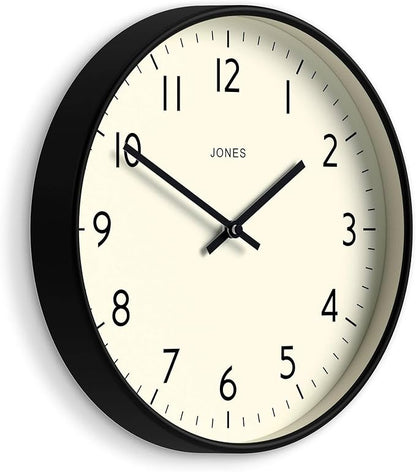 JONES CLOCKS® Studio wall Clock | Modern Round Style | 12 inch | Black | Easy to Read Numbers | Versatile Design for Kitchen, Living Room or Office