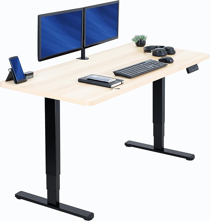 VIVO Electric 60 x 24 in Dual Motor Sit Stand Desk, Memory Height Adjustment, 2B Series, Light Wood Top Black Frame, DESK-KIT-2B6C
