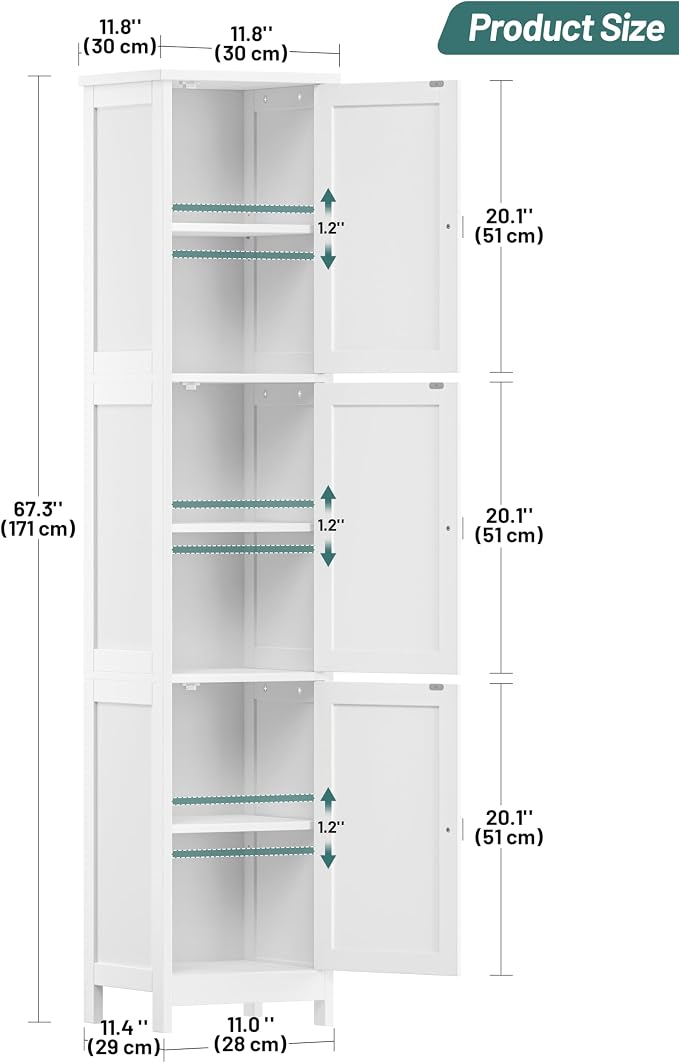 Tall Narrow Bathroom Storage Cabinet, 3-Tier Slim Storage Cabinet with Adjustable Shelves and 3 Doors, Linen Cabinet for Bathrooms, Living Room, Laundry Room, Kitchen, White