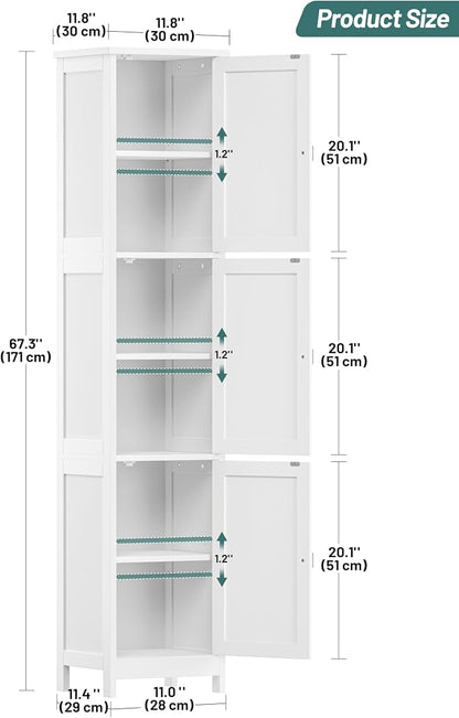 Tall Narrow Bathroom Storage Cabinet, 3-Tier Slim Storage Cabinet with Adjustable Shelves and 3 Doors, Linen Cabinet for Bathrooms, Living Room, Laundry Room, Kitchen, White