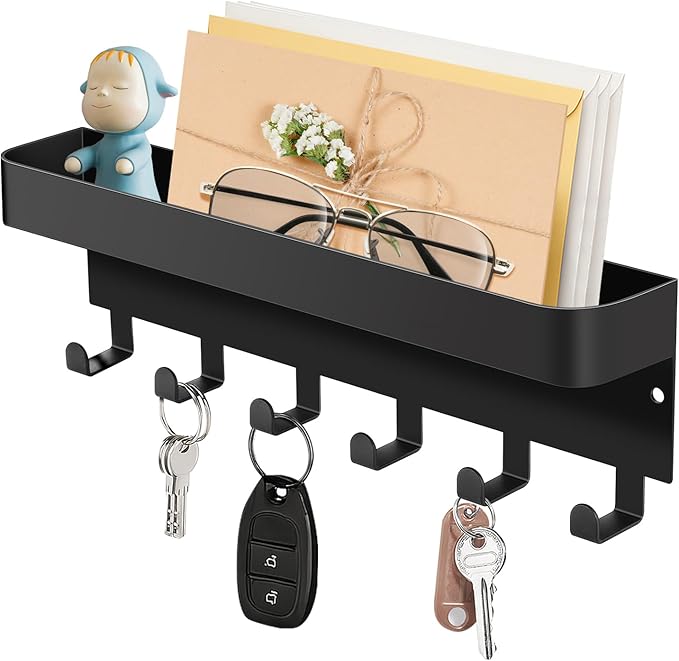 RELBRO Magnetic Key Holder for Fridge, Metal Wall Mount Key Rack with Shelf, 6 Hooks, 2 Installation Options, Black