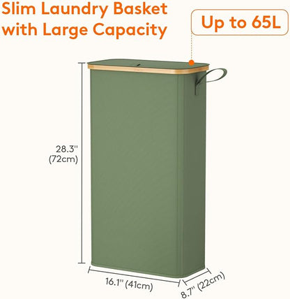 Lifewit 65L Slim Laundry Hamper with Lid, Narrow Laundry Basket with Removable Bag & Bamboo Handles, Fodable Thin Dirty Clothes Hamper for Laundry Collapsible Bin for Bathroom Bedroom Dorm, Green