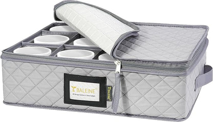 BALEINE China Storage Containers, Sturdy Quilted Wine Glass Storage, Plate Organizer with Carry Handles, Moving Boxes for Dishes, Cups, Mugs and Stemware (Mug Storage, Soft Shell Grey)