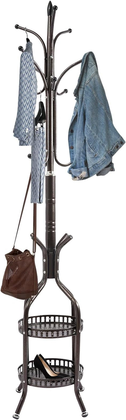 72.8in Coat Rack Freestanding 12 Hooks Coat Tree with Umbrella Holder Metal Modern Coat Hanger Stand for Entryway, Purse Rack Hat Rack Stand for Living Room Bedroom Office (Copper)