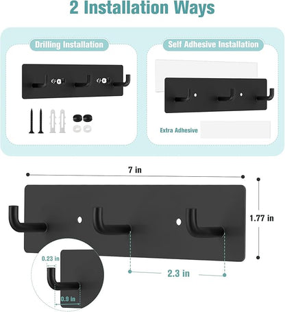 RELBRO Key Holder Wall Mount, Small Metal Self Adhesive Key Rack with 3 Hooks, 2 Installation Options, Black