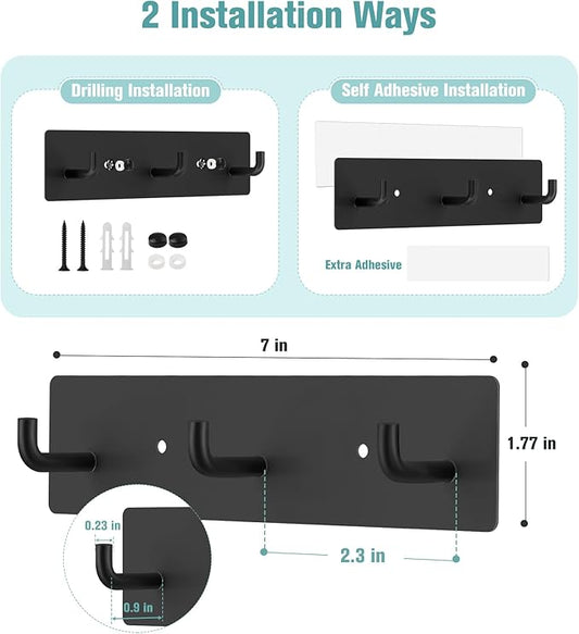 RELBRO Key Holder Wall Mount, Small Metal Self Adhesive Key Rack with 3 Hooks, 2 Installation Options, Black