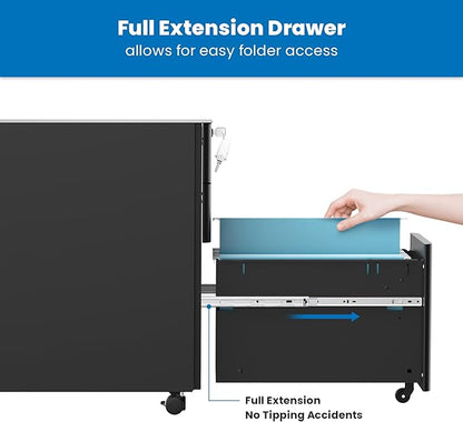 Mount-It! Slim Rolling Under Desk Cabinet, Mobile Filing Cabinet with 3 Drawers and Lock for Home & Office Storage, Black