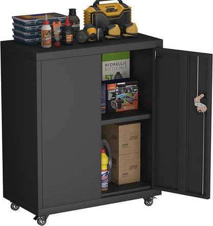 Metal Storage Cabinet,Lockable Garage Storage Cabinets with Wheels,Rolling Tool Cabinet with Doors and Shelves,Basement,Office,Black