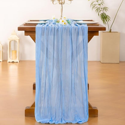 Socomi 10pcs Blue Valentine's Day Cheesecloth Table Runner Light Blue Boho Rustic Gauze 120 inch 10FT Cheese Cloth Runner for Wedding Party Baby Shower Birthday Home Decor Holiday Decorations