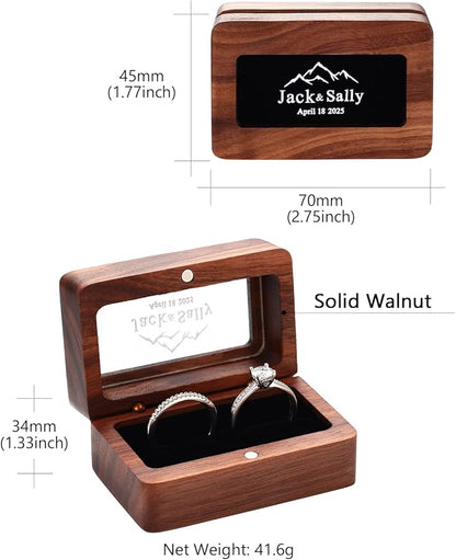 Custom4U Personalized Name Wooden Ring Box 2 Slots Vintage Rustic Ring Holder Box for Wedding Ceremony Rectangle Storage Jewelry Box for Women