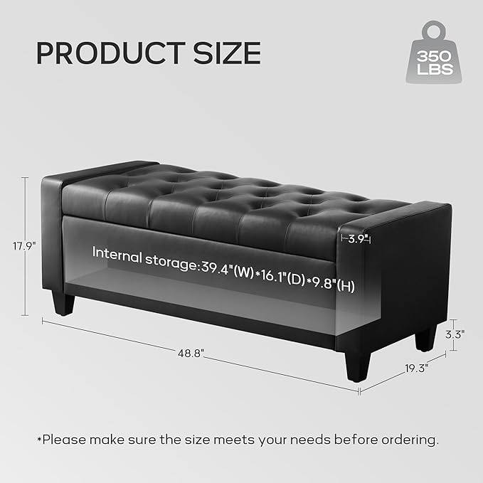 Ottoman with Storage，Storage Ottoman Bench, Storage Bench for Bedroom with Safety Hinge，Bedroom Benches with Seating for Living Room, Entryway (Black-PU)