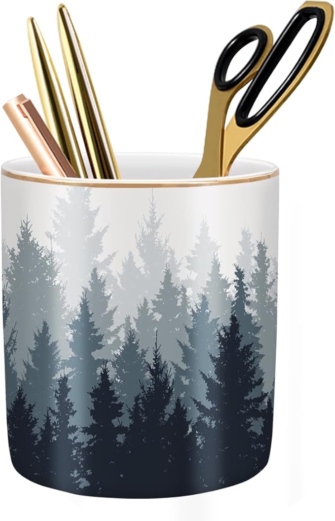 WAVEYU Pen Pencil Holder for Desk, Ceramic Pens Cup Cute Makeup Brushes Holder, Unique Desk Multifunctional Pen Organizer for Home, Office, and School, Forest Pattern