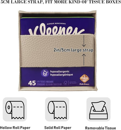 Tissue Box Cover Holder Square Tissue Cube Cover PU Leather Tissue Organizer with Bottom Belt for Bathroom, Tabletop, Car, Night Stands, Office, Home, Kitchen (1, SoftBeige)