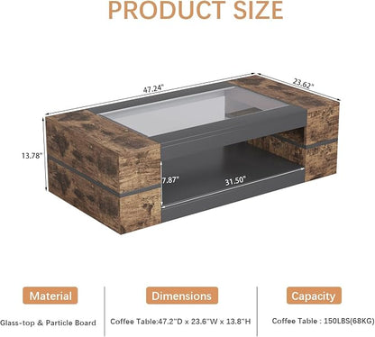 HedoAjim 47.2" Modern Stylish Coffee Table with Glass Table Top, Large Living Room Table Rectangular 2-Tier Center Tables with Storage, Wood Cocktail Tea Tables for Dining Reception Room (Rustic)