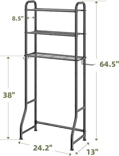 Simple Trending Over The Toilet Storage Rack, Metal 3 Tier Bathroom Organizer Shelf with Paper Holder and 3 Hooks, Freestanding Shelf Space Saver Above Toilet,Black