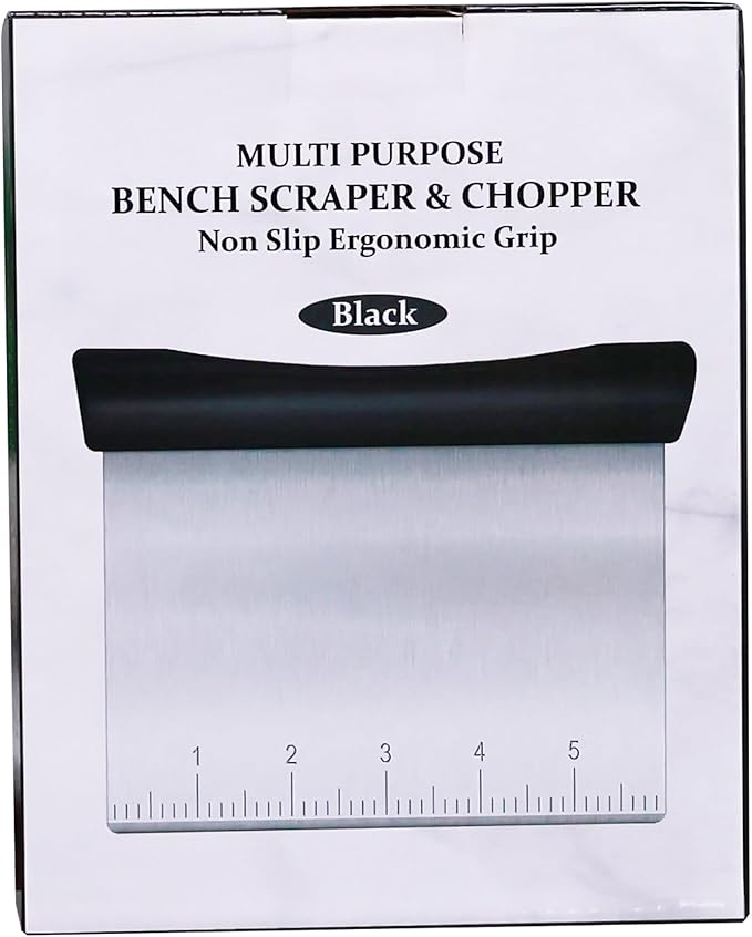 Rainspire Bench Scraper, Stainless Steel Dough Scraper, Pastry Scraper, Pizza and Dough Cutter Multi-Purpose Scraper/Chopper, Pizza Cutter Food Chopper Baking Supplies Kitchen Gadgets, Black