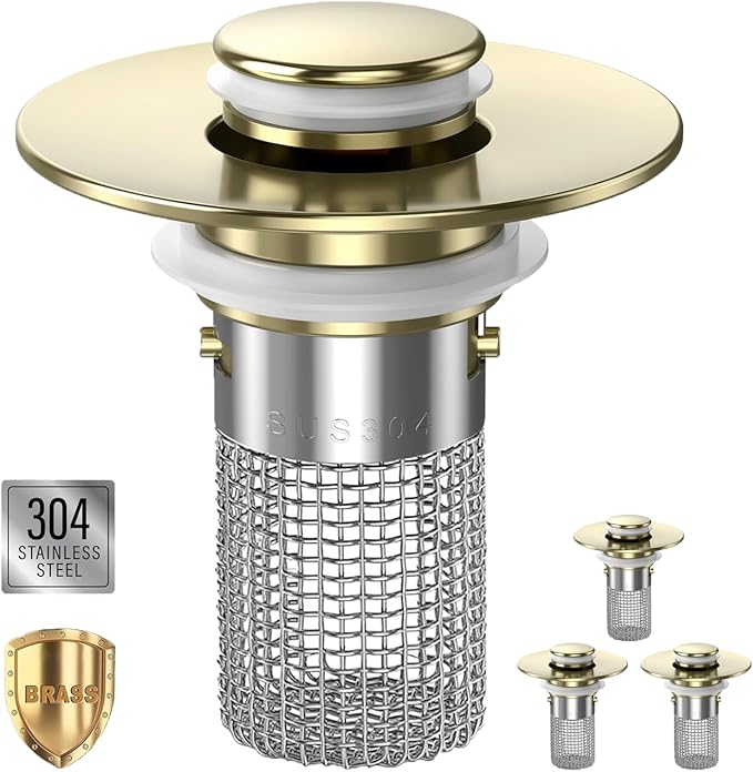 Sink Stopper Hair Catcher, Pop-up Sink Drain Strainer with Removable Stainless Steel Strainer Basket Hair Catcher, Bathroom Sink Strainer for Bathroom Sink Stopper Replacement (3, Brushed Gold)