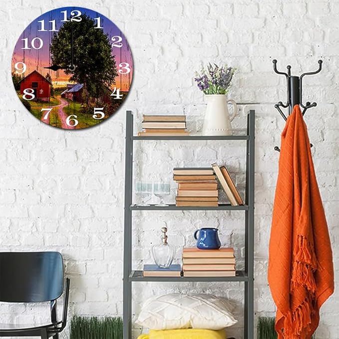 Rural Scenery Wall Clock 10 Inch Silent Non Ticking Battery Operated Wooden Modern Office Simple Minimalist Clock Decorative for Kitchen Home Bathroom Living Room