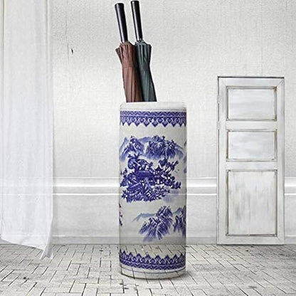 Umbrella Bucket,Umbrella Racks Ceramic Umbrella Holder Stand with Floral Blue White Porcelain, Home Office Entryway Decor Freestanding for Canes-50Cm