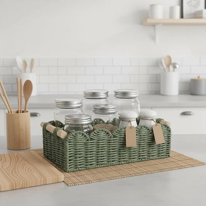 Green Scalloped Edge Baskets with Wood Handle, Set of 2 – Woven Paper Rope Storage Organizer for Living Room, Entryway & Home Décor