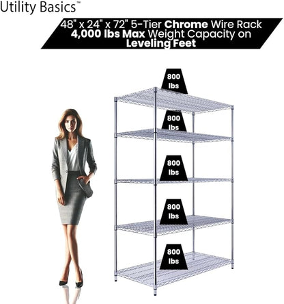Utility Basics NSF Commercial 5-Tier Wire Shelving with Wheels, 48"x24"x72" Heavy Duty Metal Shelves 4000 lbs Max Capacity, Chrome Storage Rack for Garage Kitchen Pantry Warehouse