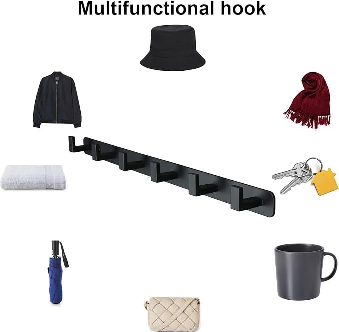 Coat Rack, Heavy Duty Stainless Steel 6 Tri Coat Hook Hanger, Wall Mounted Wall Hooks, Rustic Clothes Hook/Key Hook Rail for Bathroom Kitchen Entryway(2 Pack, 6 Hook Black)