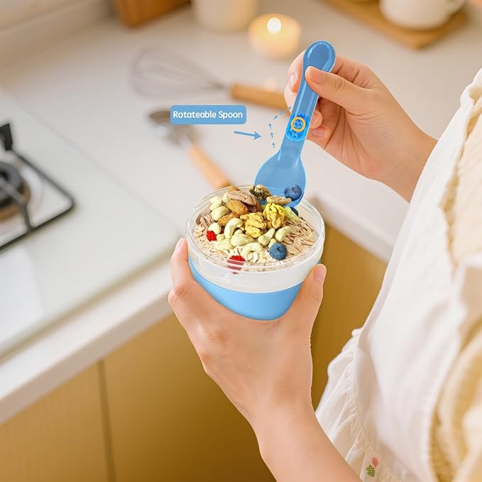 4 Pack Yogurt Parfait Cups with Lids Reusable, 20 oz Plastic Overnight Oats Containers with Lids Spoons Granola Compartment for Fruit Nuts, To Go Overnight Oat Jars for Oatmeal, Snack, Breakfast Prep