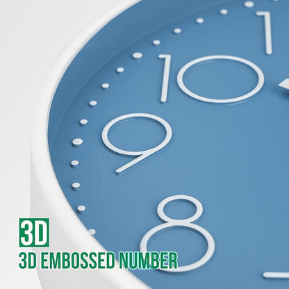 Wall Clock 10 Inch Non-Ticking Silent Modern Simple Style Round Decor Clock Cerulean Stereoscopic Dial Quartz Wall Clocks for Home/Office/School/Living Room/Bedroom/Kitchen