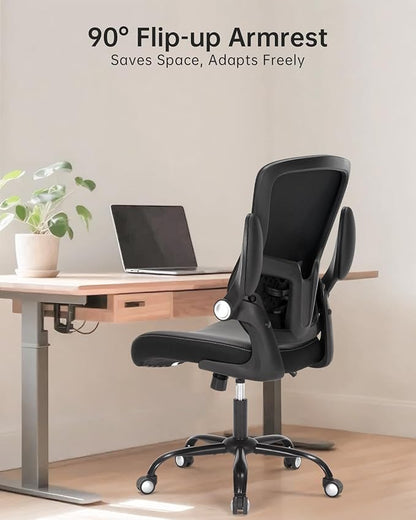 Office Chair Ergonomic Desk Chair Swivel Mid Back Mesh Computer Chair with Lumbar Support Comfy PU Leather Seat Adjustable Height Flip-up Arms Executive Task Chair,Black
