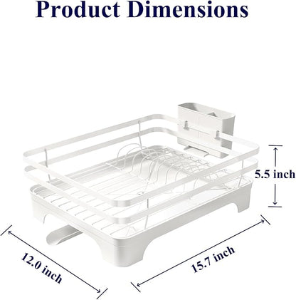 Kitsure Dish Drying Rack - Multi-Functional Dish Rack for Kitchen Counter with Cutlery Holder, Rust-Proof Storage Solution with Rotatable, 15.7" x 12.0" x 5.5", White