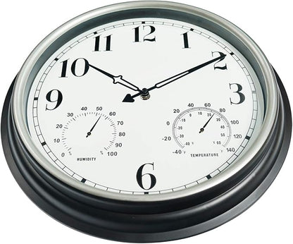 Rsobl 16 Inch Large Indoor Outdoor Wall Clock,Waterproof Non-Ticking Clock with Thermometer and Hygrometer Combo,Battery Operated Clock Wall Decorative- Silver