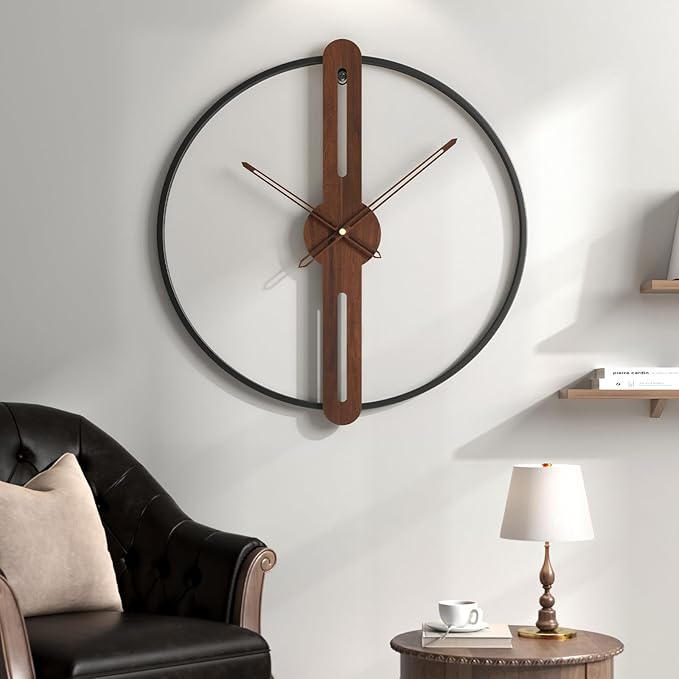 Cuspin Modern Wall Clock Silent Non Ticking Battery Operated, Rustic Minimalist Wood Metal Frame Decorative Wall Clocks for Living Room, Office, Bedroom, Kitchen, 16 Inch