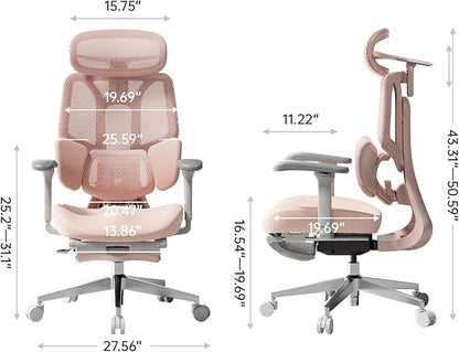Hbada E3 Air Ergonomic Office Chair, Big and Tall Office Chair - with 3-Zone Dynamic Lumbar Support, 3D Adjustable Headrest, 4D Adjustable Armrests, Swivel, Pink(with Footrest)
