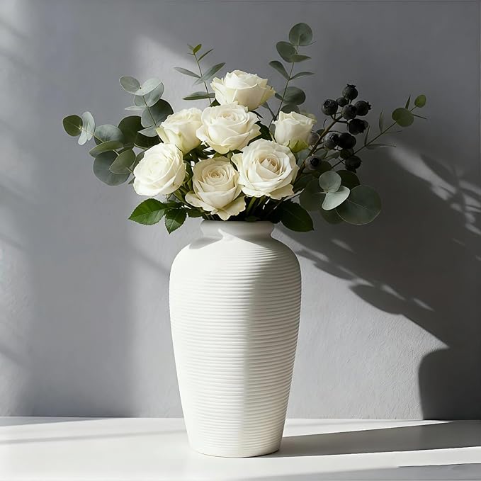 NEBRYX Large Ceramic Vase, 11 inch Minimalist Vase for Home Decor, Handmade Farmhouse Flower Vase for Table Centerpiece, Wedding, Living Room, Kitchen Decoration, Shelf Decor (Rice White)