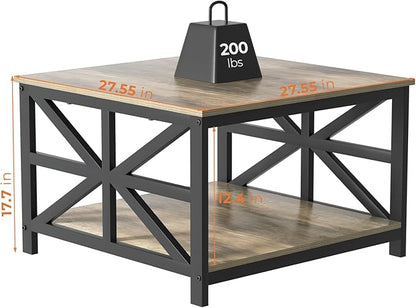 GreenForest Modern Living Room Coffee Table with 2 Tier Storage, Small Square Wood and Metal Farmhouse Center Table with Seamless One-Piece Tabletop, 27.55 Inch, Grey Wash