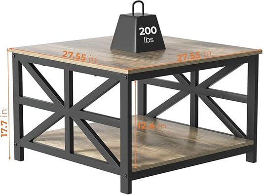 GreenForest Modern Living Room Coffee Table with 2 Tier Storage, Small Square Wood and Metal Farmhouse Center Table with Seamless One-Piece Tabletop, 27.55 Inch, Grey Wash