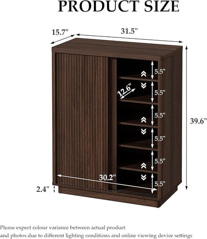 Fluted Shoe Cabinet with Sliding Door Set of 3, 6-Tier Large Hidden Storage Organizer Modern Shoe Rack with Adjustable Shelves, Mid Century Freestanding Wooden Shoe Storage Cabinet for Entryway,Walnut