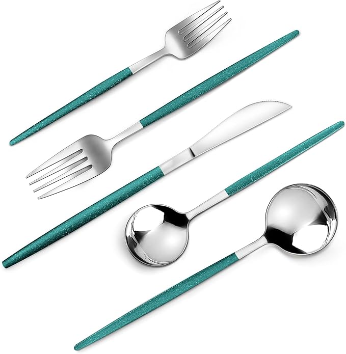 VANVRO Mirror Silver Green Silverware Set, 20-Piece Stainless Steel Flatware Set, Satin Finish tableware Cutlery Set, Service for 4, Home and Restaurant, Dishwasher Safe