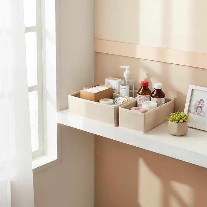 Underwear Drawer Organizer, 2 Pack, Khaki | Foldable Fabric Storage Bins, For Dresser & Closet, Sock and Bra Dividers, 2 Sizes, Bedroom Organization
